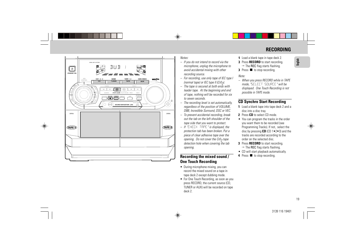 Recording, Recording the mixed sound / one touch recording, Cd synchro start recording | Philips FW-C39 User Manual | Page 19 / 24