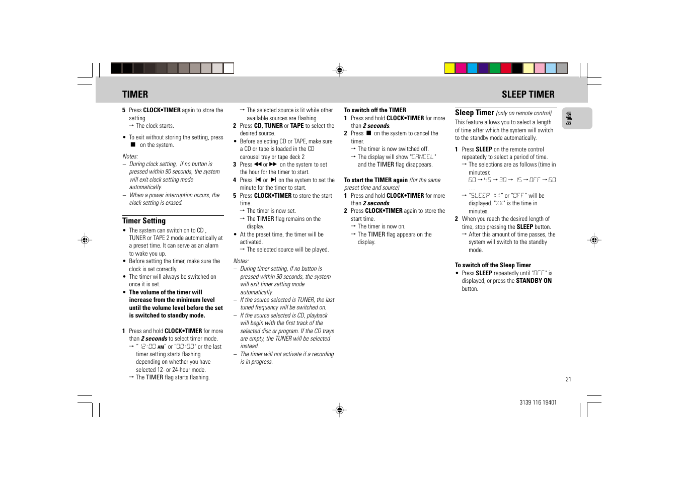 Timer sleep timer | Philips FW-C39 User Manual | Page 21 / 24