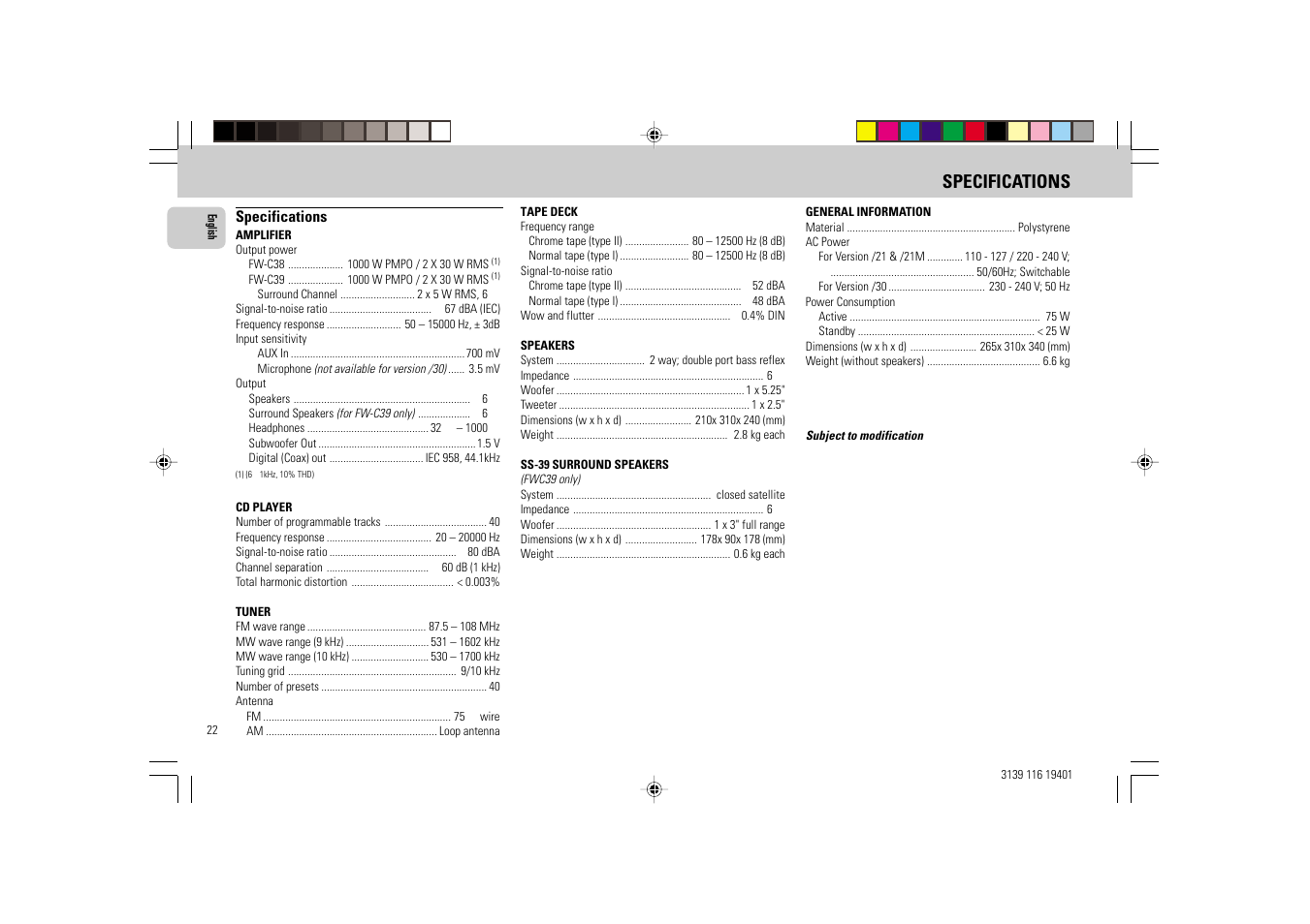 Specifications | Philips FW-C39 User Manual | Page 22 / 24