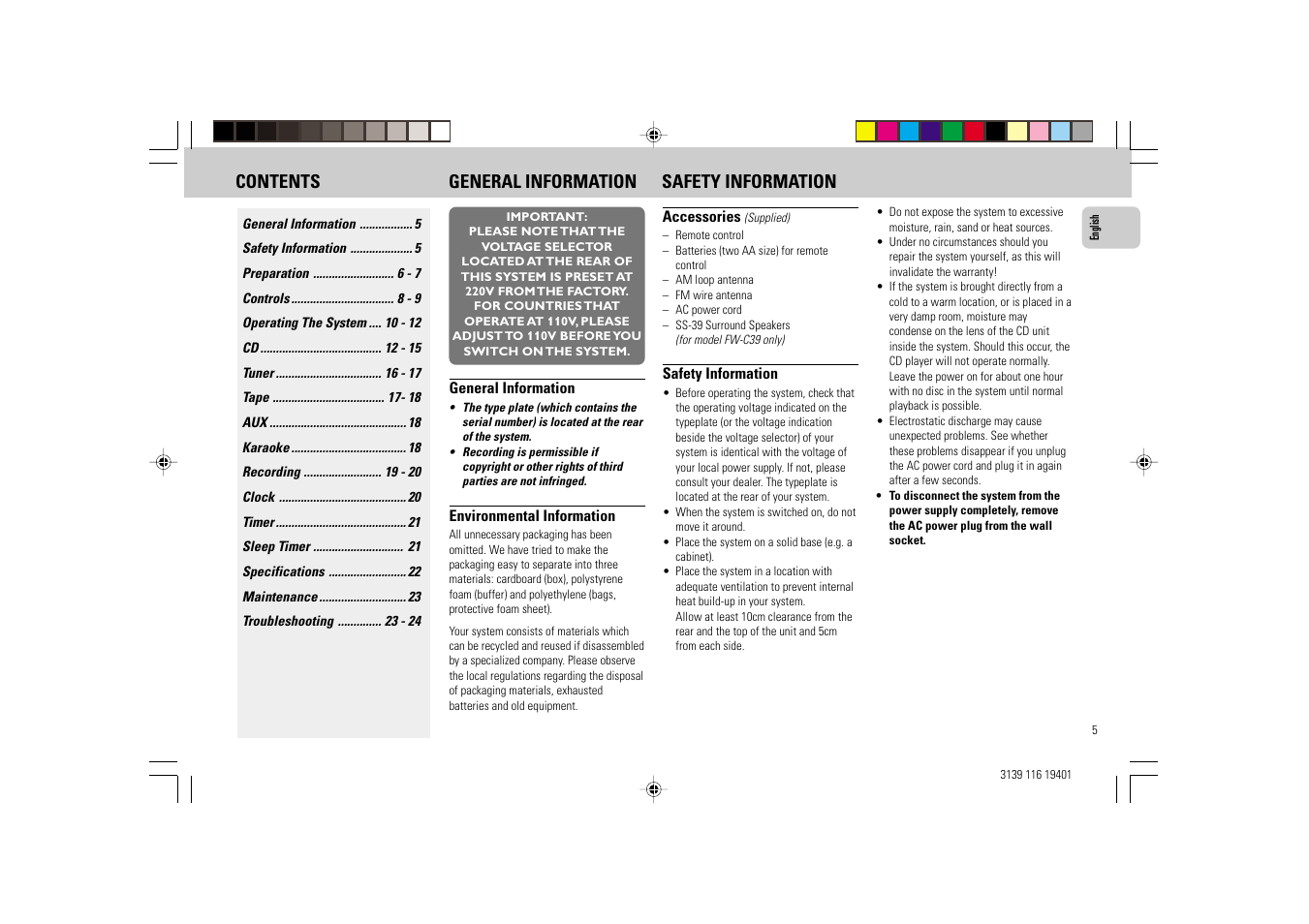 Contents general information safety information | Philips FW-C39 User Manual | Page 5 / 24