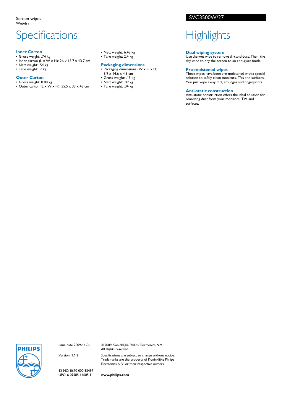 Specifications, Highlights | Philips SVC3500W User Manual | Page 2 / 2