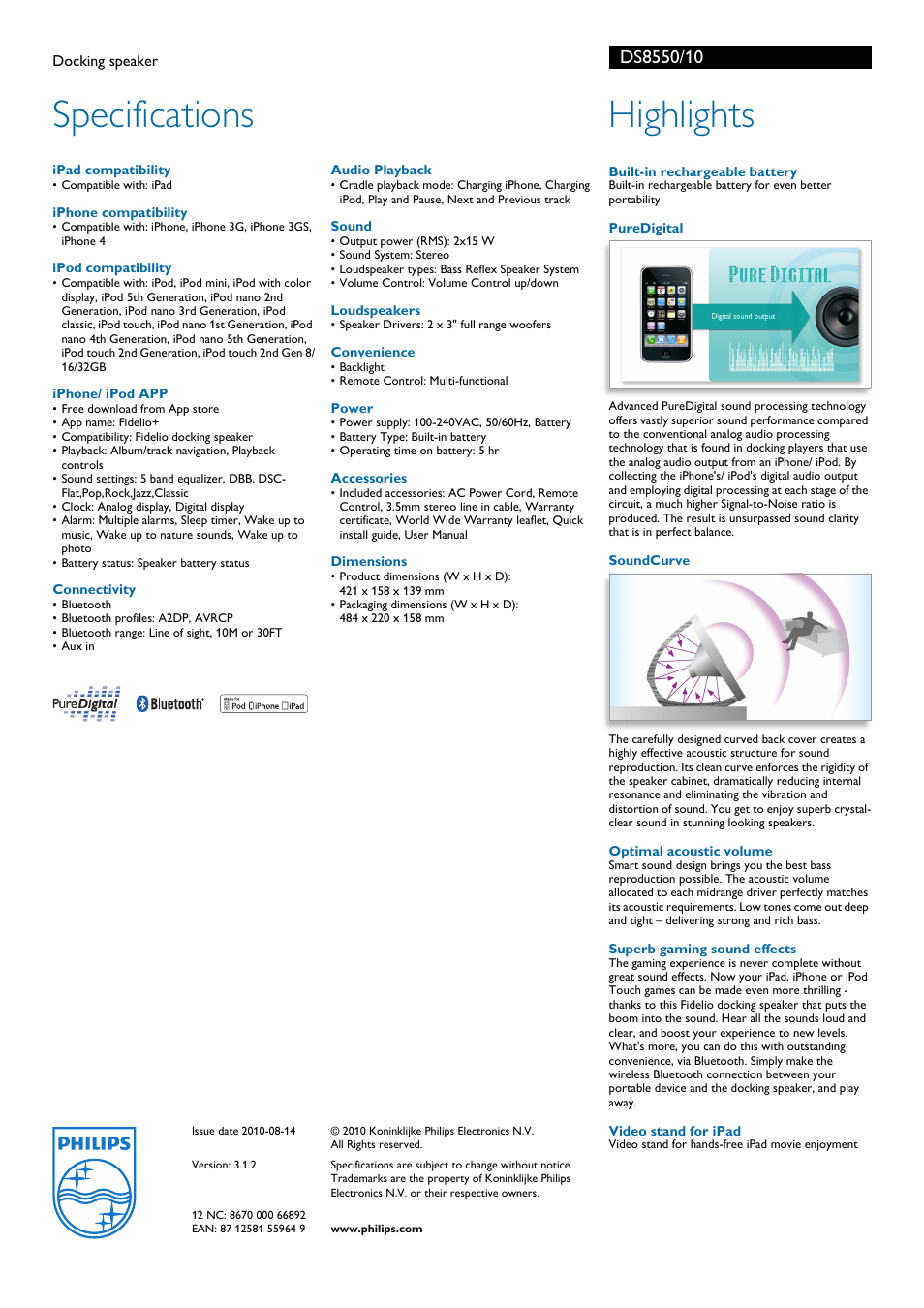 Specifications, Highlights | Philips DS8550 User Manual | Page 2 / 2