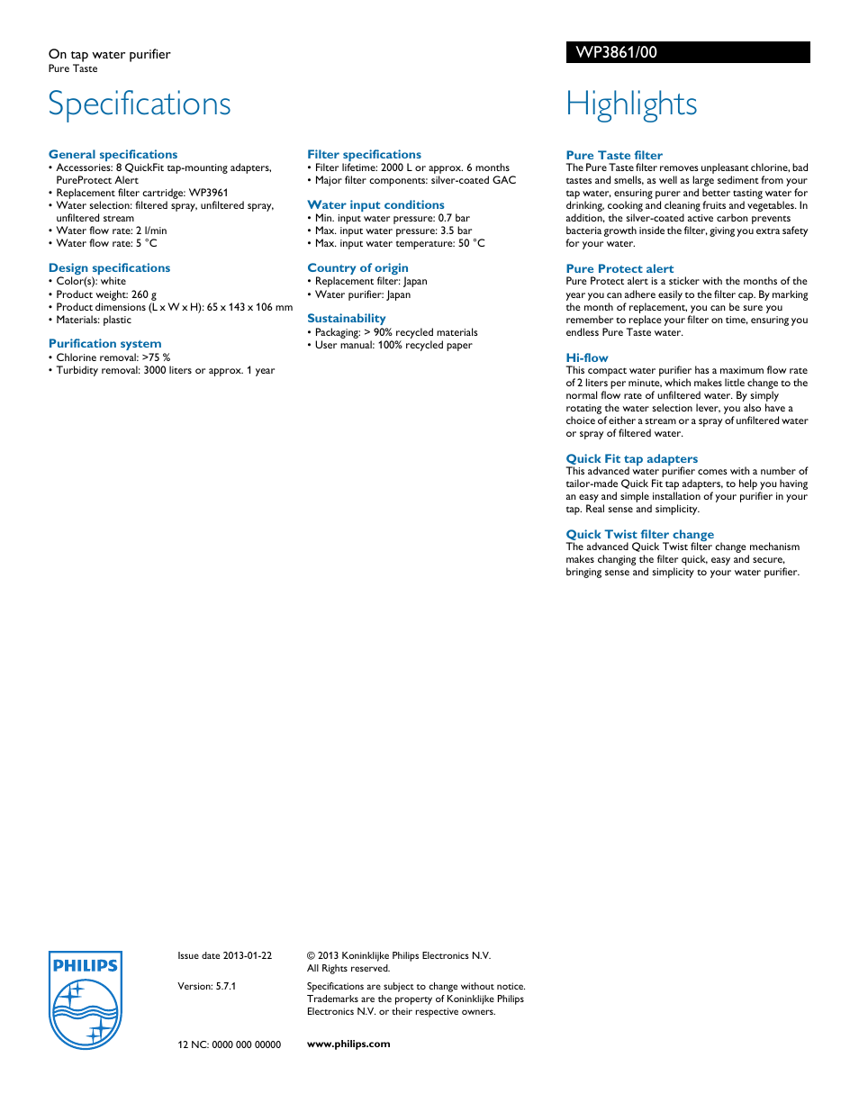 Specifications, Highlights | Philips WP3861 User Manual | Page 2 / 2