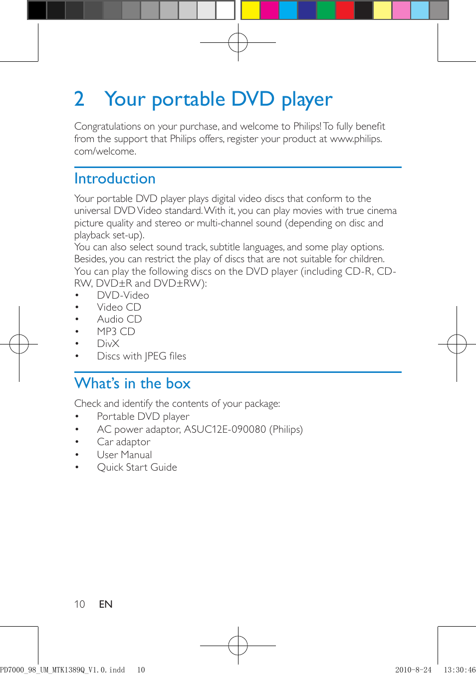 2 your portable dvd player, Introduction, What’s in the box | Philips PD7000B/98 User Manual | Page 10 / 18