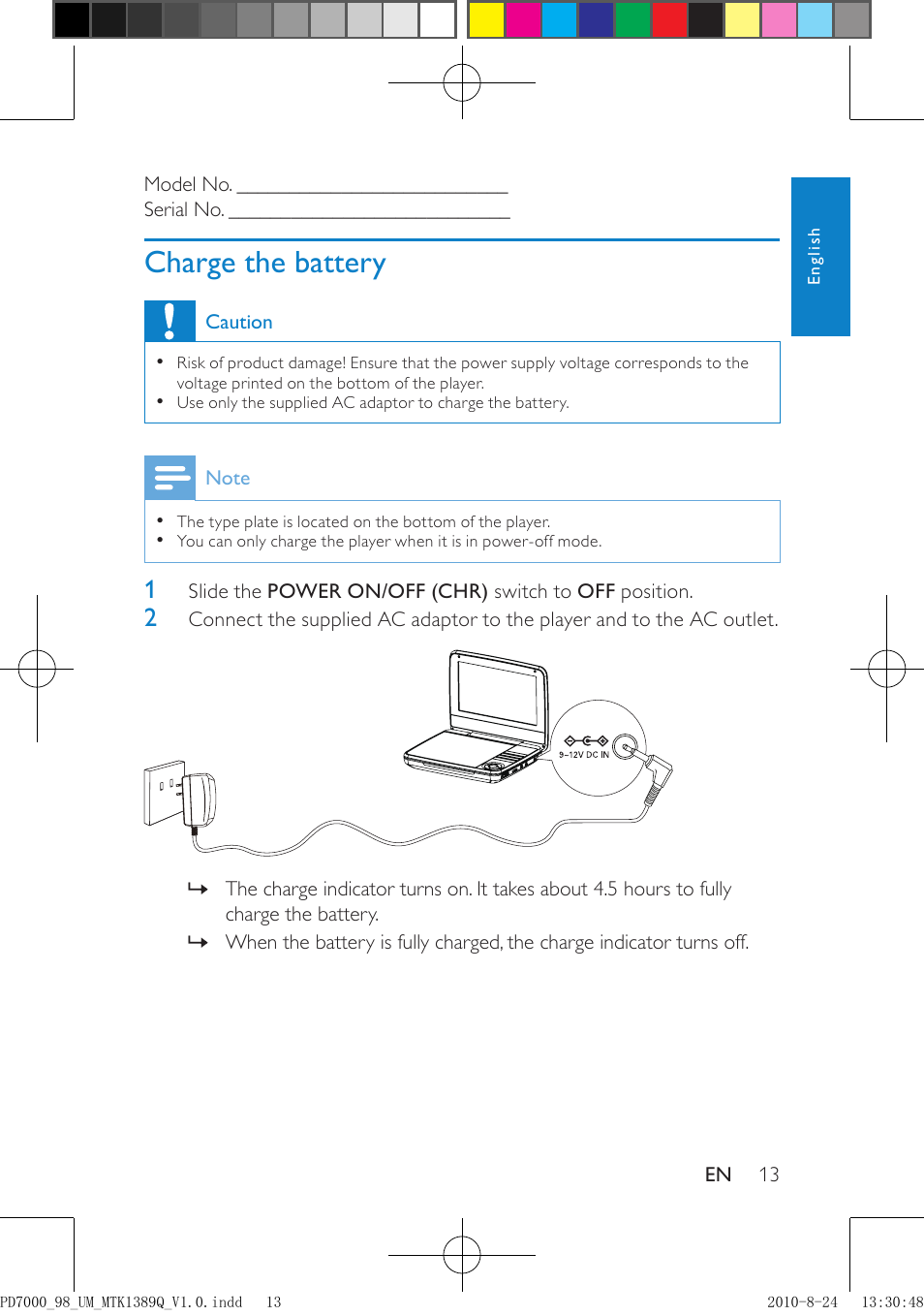 Charge the battery | Philips PD7000B/98 User Manual | Page 13 / 18