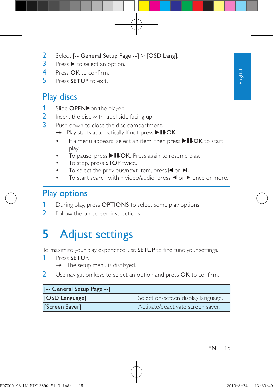 Play discs, Play options, 5 adjust settings | Philips PD7000B/98 User Manual | Page 15 / 18