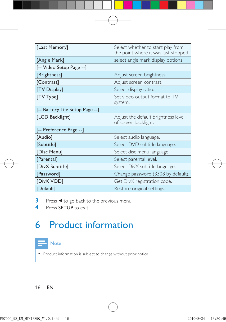 6 product information | Philips PD7000B/98 User Manual | Page 16 / 18