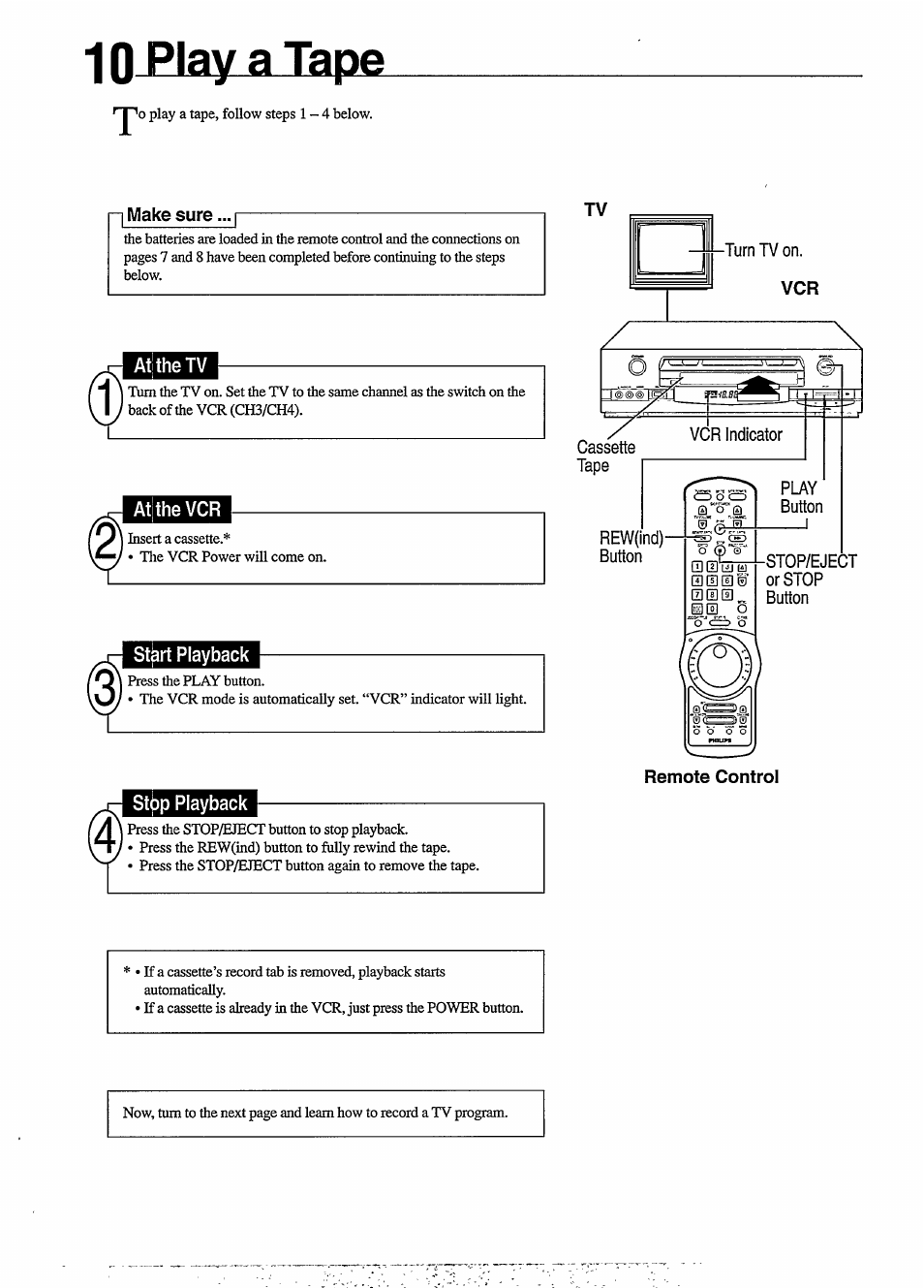 At the tv, At the vcr, Start playback | Step playback, 10 play a tape | Philips VR650 User Manual | Page 10 / 30