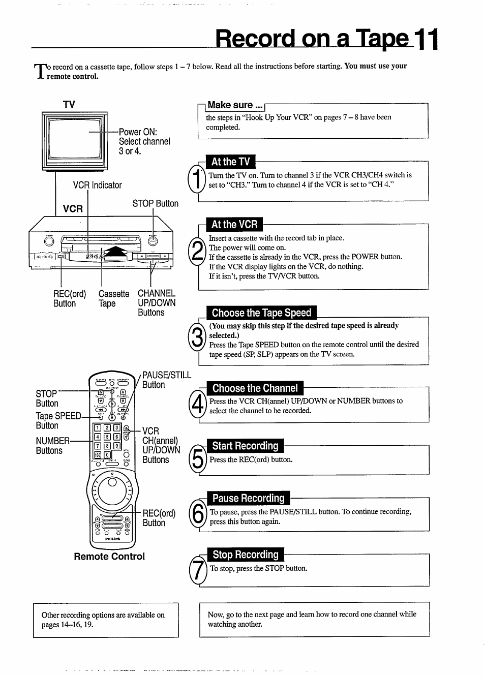 At the tv, At the vcr, Choose the tape speed | Choose the channel, Start recording, Pause recording, Stop recording, Timer recording -16, Record on a tape 11 | Philips VR650 User Manual | Page 11 / 30