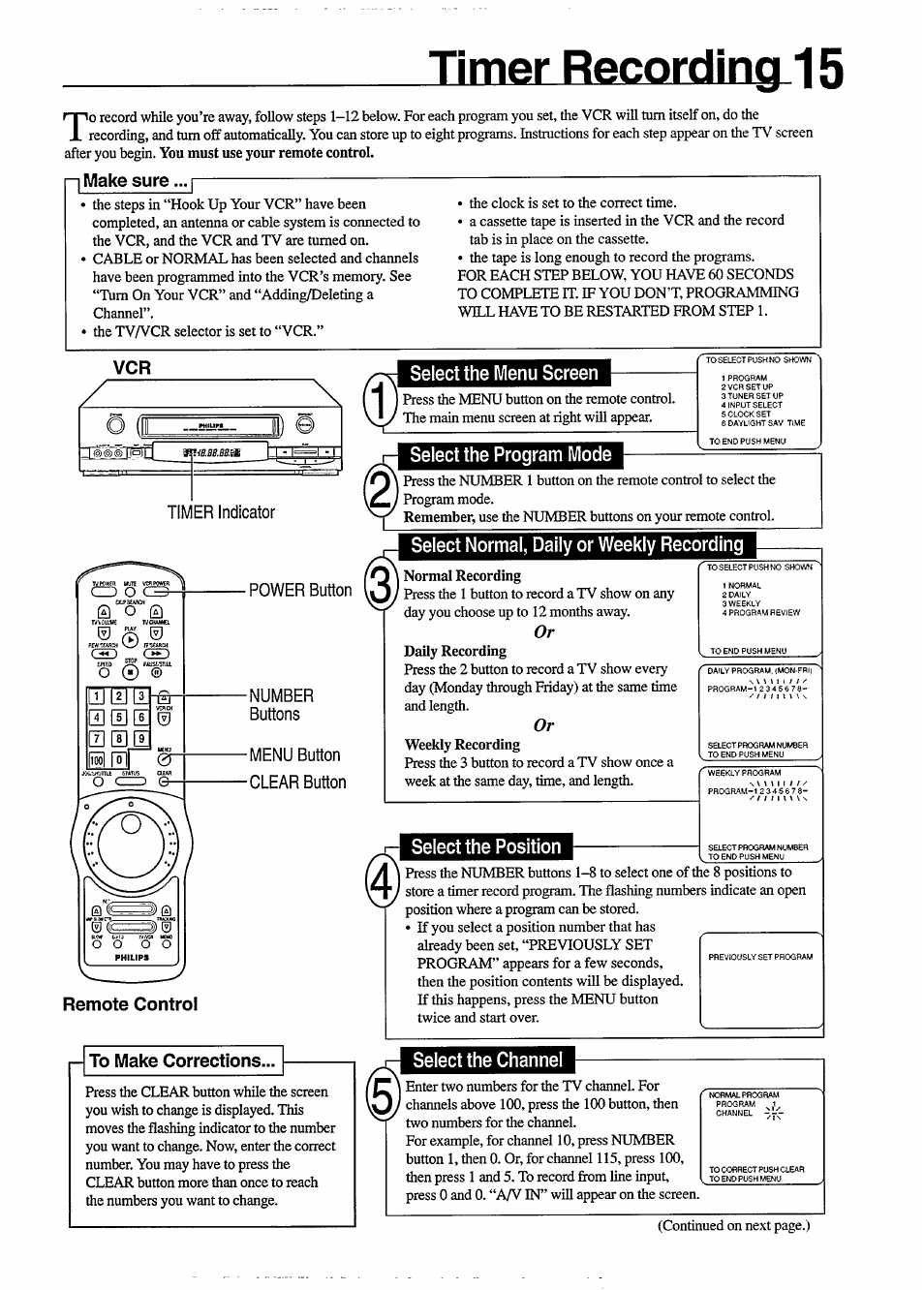 Power button, Number, Buttons | Menu button ■clear button, Select the menu screen, Select the program mode, Select normal, daily or weekly recording, Select the position, Select the channel, Timer recording 15 | Philips VR650 User Manual | Page 15 / 30