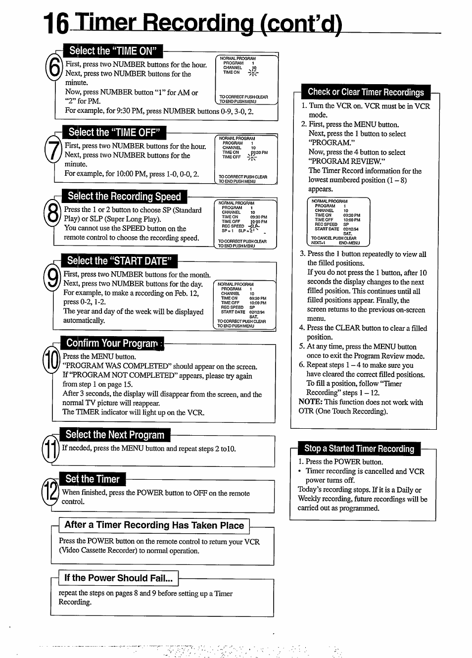 Select the “time on, Sélect the “time off, Select the recording speed | Select the “start date, Confirm your prograrn, Select the next program, Sei the timer, 16 timer recording (cont’d), After a timer recording has taken place, R- if the power should fall | Philips VR650 User Manual | Page 16 / 30