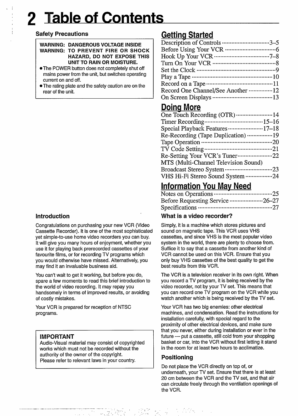 2 table of contents, Getting started, Doing more | Information you may need | Philips VR650 User Manual | Page 2 / 30