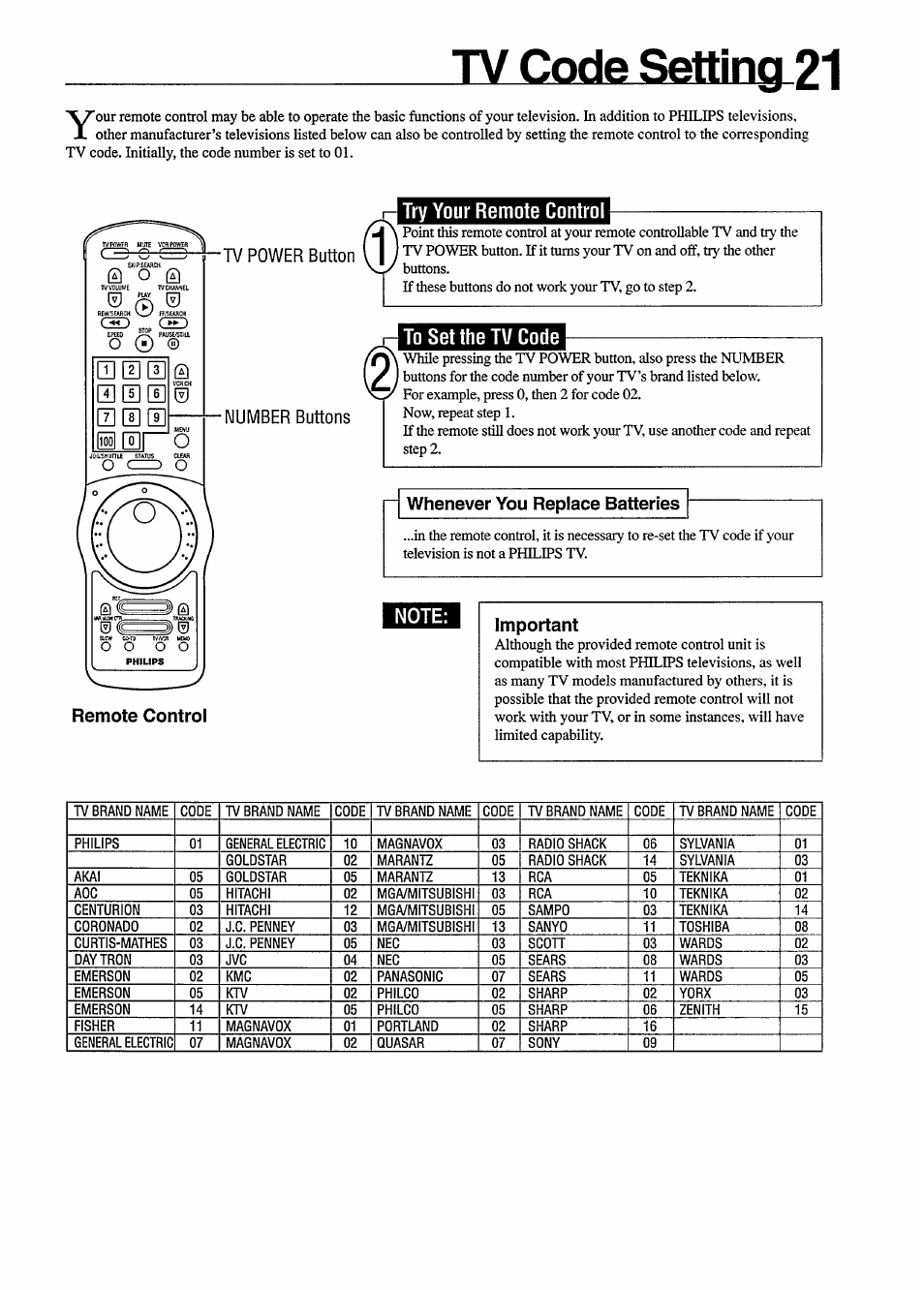 Try your remote control, To set the tv code, Note | Tv code setting 21, Tv power button, Number buttons, Whenever you replace batteries, Important | Philips VR650 User Manual | Page 21 / 30