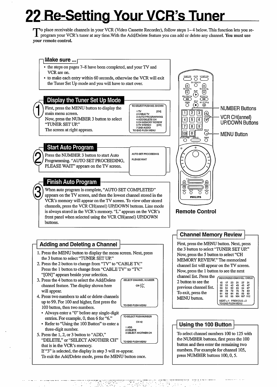 Display the tuner set up mode, Start auto program, Finish auto program | Number buttons, Vcr ch(annel) up/down buttons, 22 re-setting your vcr’s tuner, Make sure, Adding and deleting a channel, Using the 100 button | Philips VR650 User Manual | Page 22 / 30