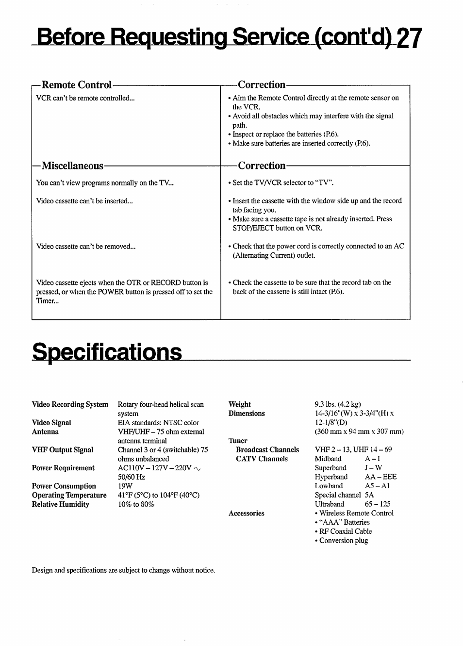 Before requesting service (cont'd) 27, Specifications | Philips VR650 User Manual | Page 27 / 30