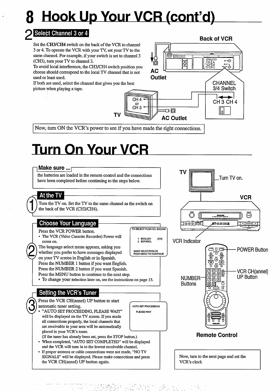 Selept channel 3 or 4, At the tv, Chpose your language | Sefting the vcr’s tuner, Re-setting your vcr’s tuner, 8 hook up your vcr (conf d) 2, Turn on your vcr, Back of vcr, Make sure | Philips VR650 User Manual | Page 8 / 30