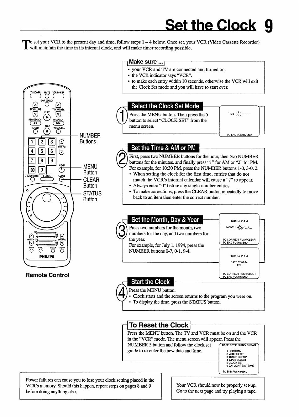 Select the clock set mode, Set the time & am or pm, Set the month, day & year | Start the clock, To reset the clock, Set the clock, Set the clock 9 t, Make sure | Philips VR650 User Manual | Page 9 / 30