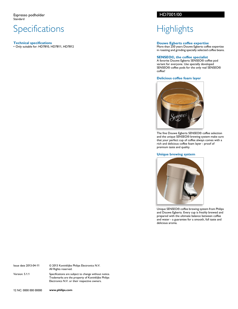 Specifications, Highlights | Philips HD7001 User Manual | Page 2 / 2