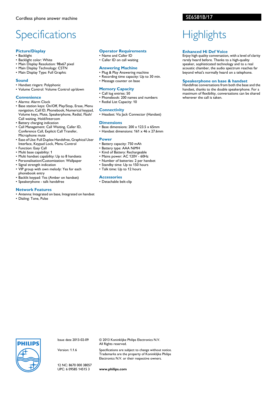 Specifications, Specifications highlights, Philips | Philips SE6581B User Manual | Page 2 / 2