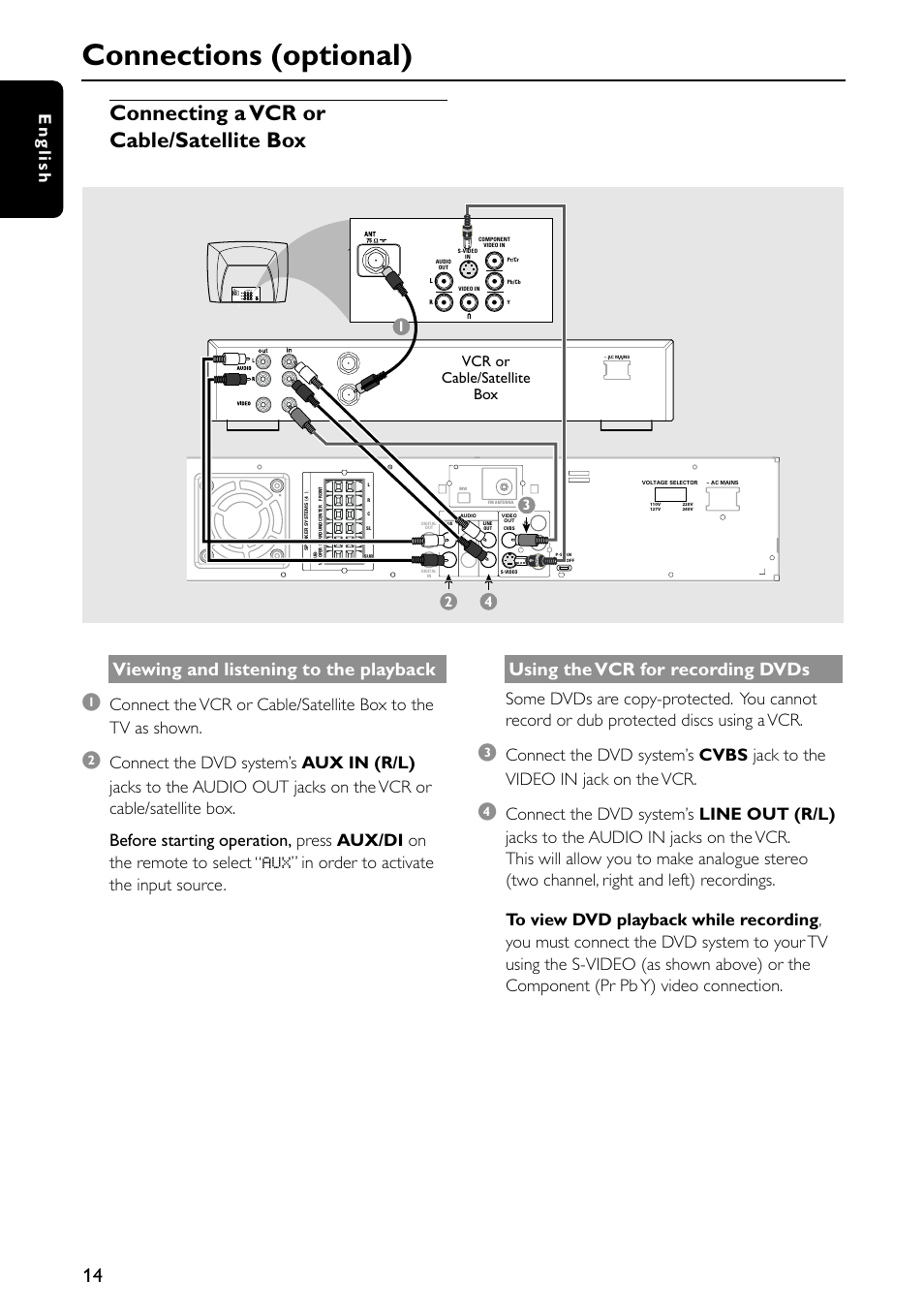 Connections (optional), Connecting a vcr or cable/satellite box, Viewing and listening to the playback | Using the vcr for recording dvds, English, Vcr or cable/satellite box | Philips MX5500D/21 User Manual | Page 14 / 45