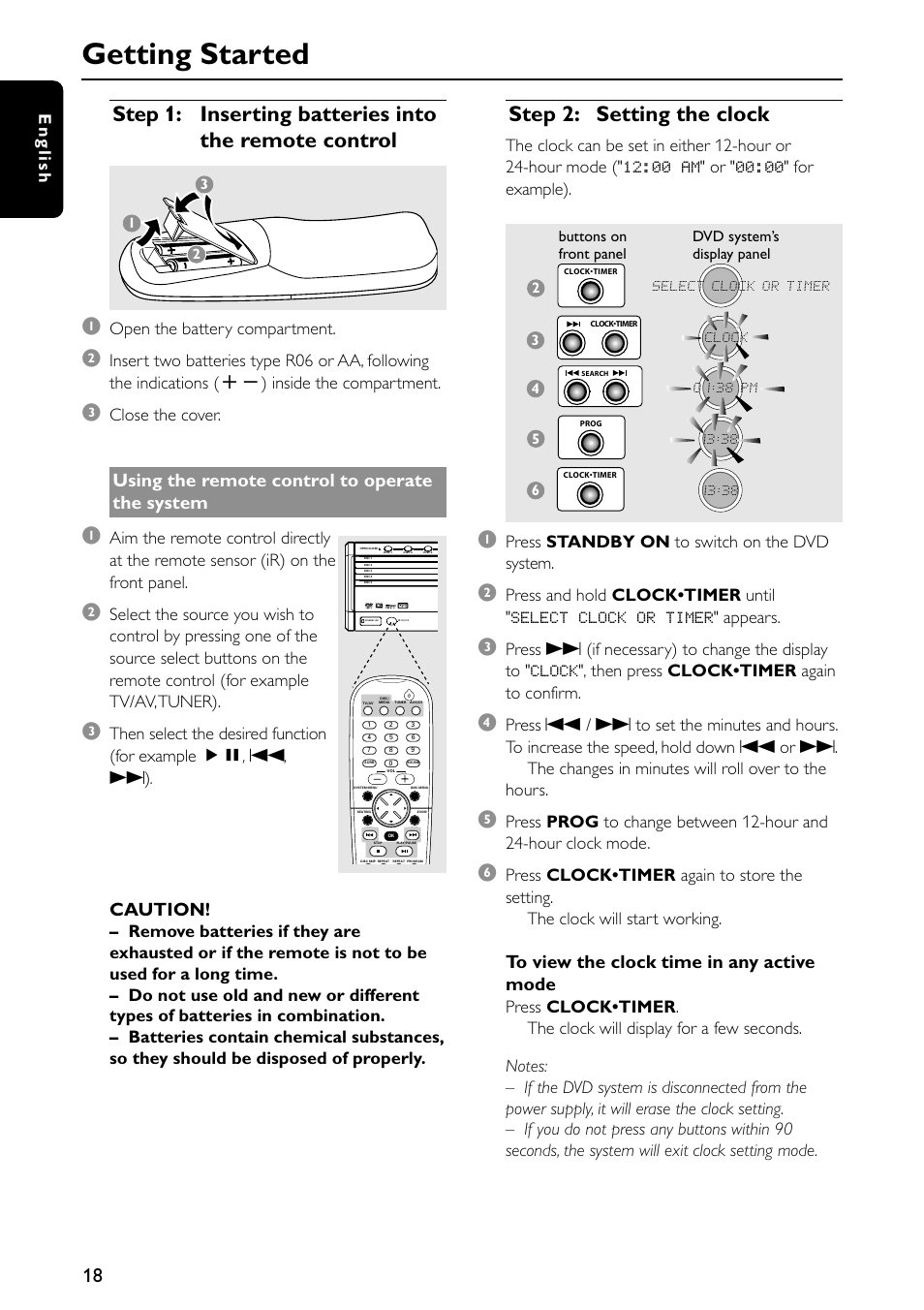 Getting started, Step 2: setting the clock, Using the remote control to operate the system | Caution, English, Open the battery compartment, Close the cover, Press standby on to switch on the dvd system | Philips MX5500D/21 User Manual | Page 18 / 45