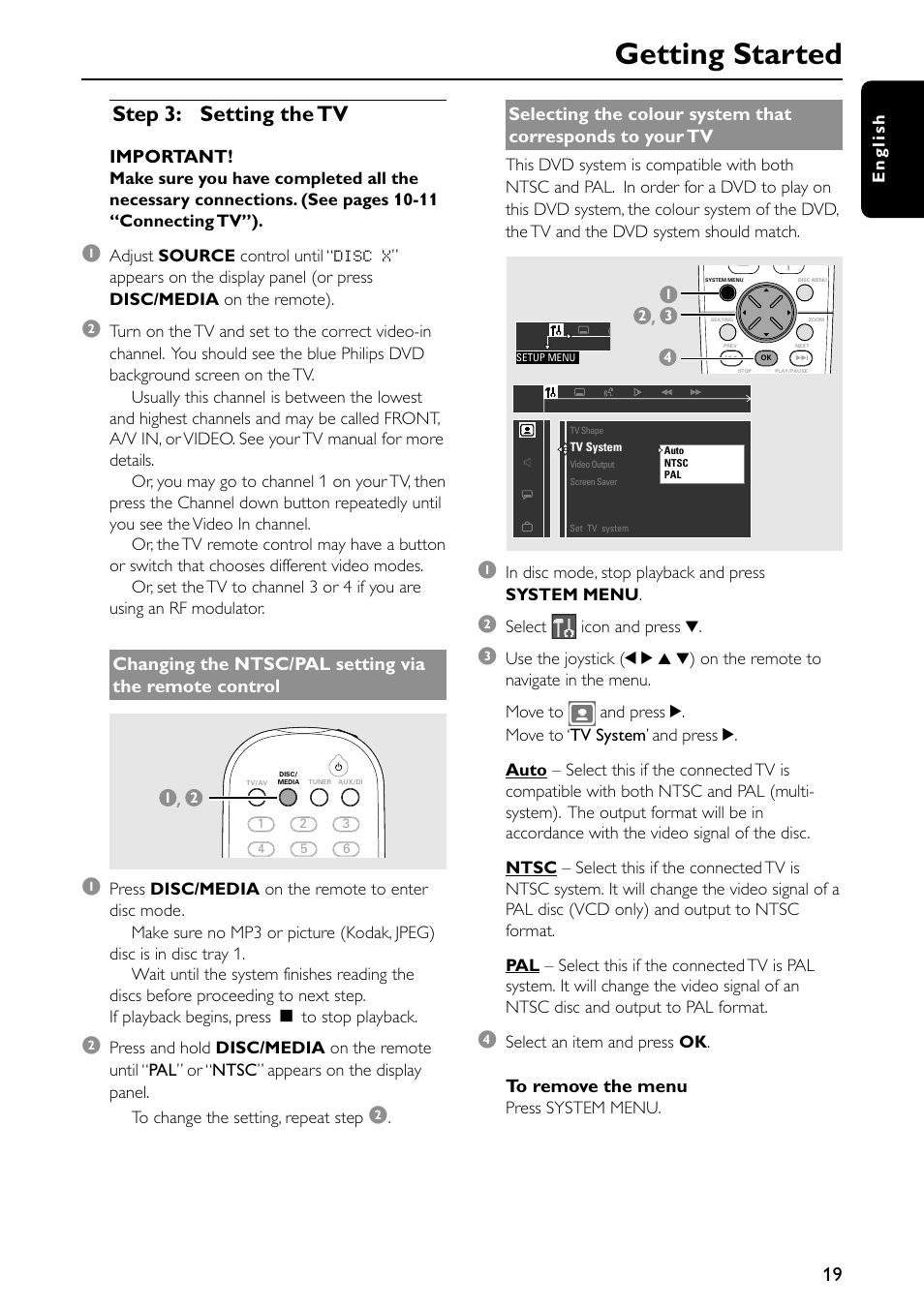 Getting started, Step 3: setting the tv | Philips MX5500D/21 User Manual | Page 19 / 45