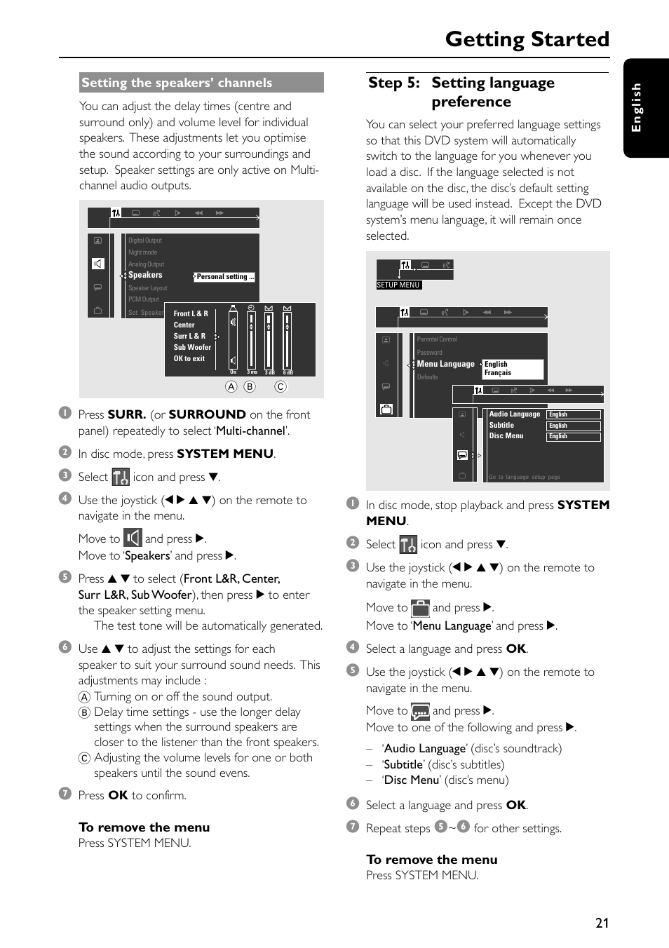 Getting started, Step 5: setting language preference | Philips MX5500D/21 User Manual | Page 21 / 45