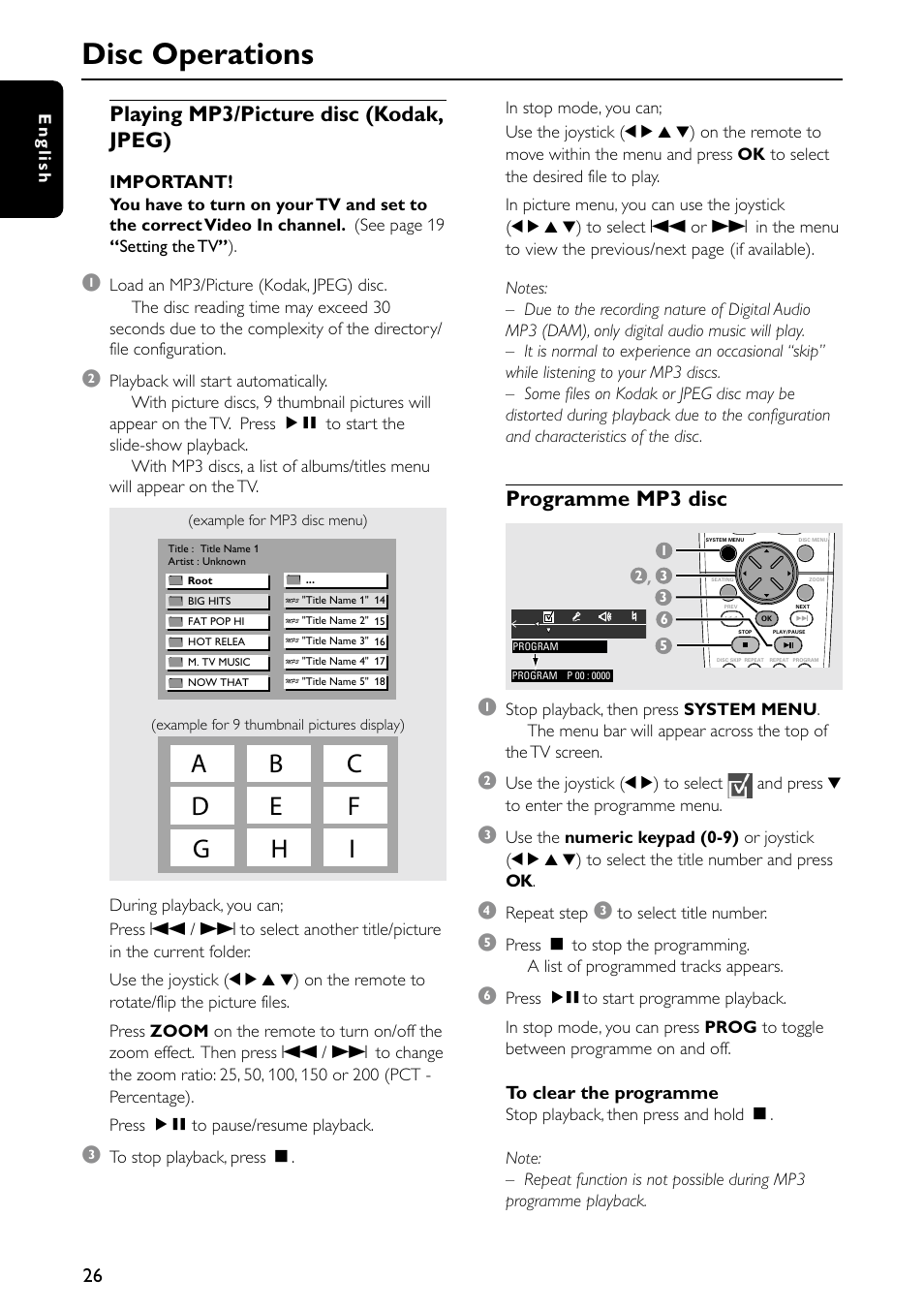 Disc operations, Playing mp3/picture disc (kodak, jpeg), Programme mp3 disc | Philips MX5500D/21 User Manual | Page 26 / 45