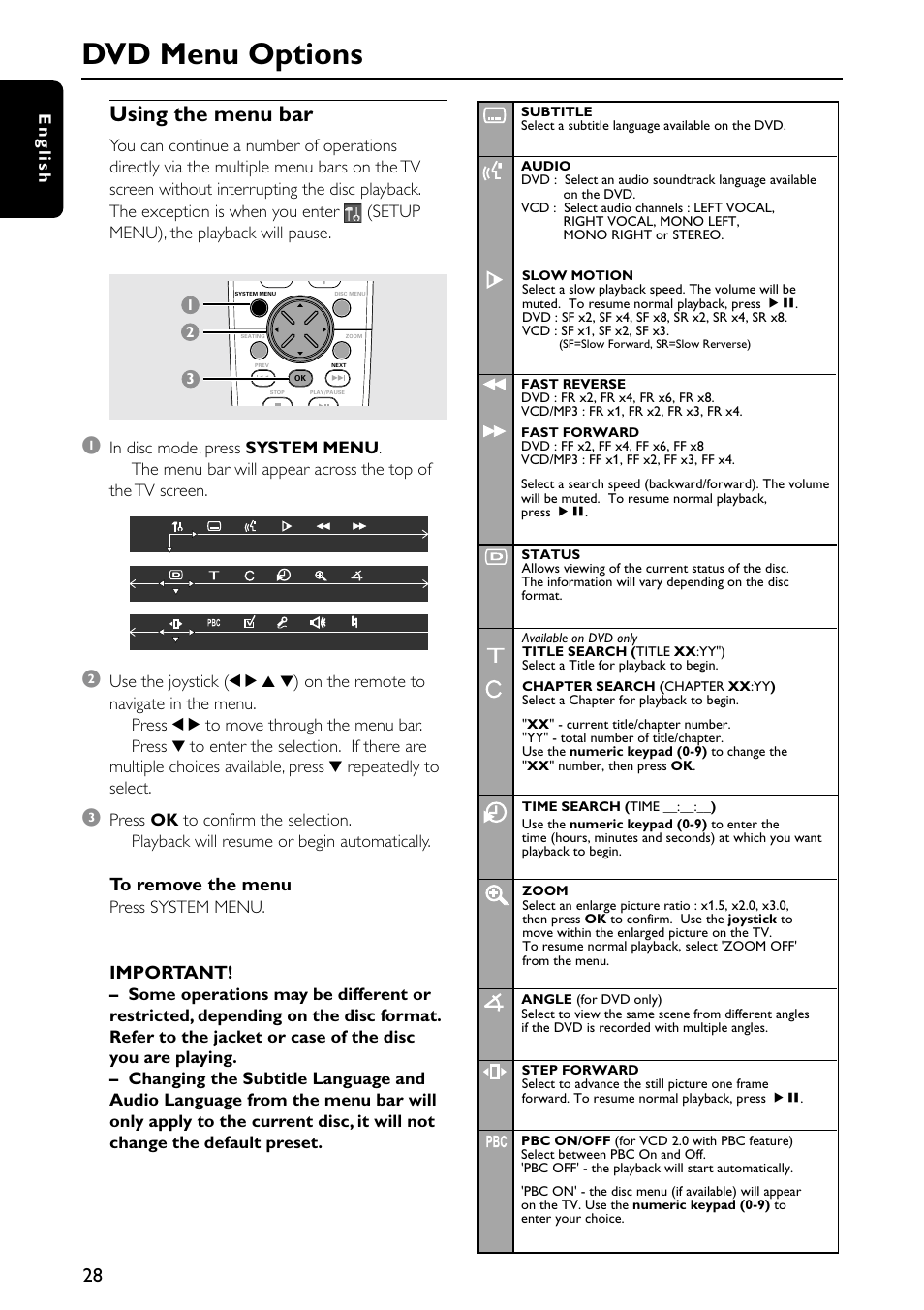 Dvd menu options, Using the menu bar, Important | Philips MX5500D/21 User Manual | Page 28 / 45