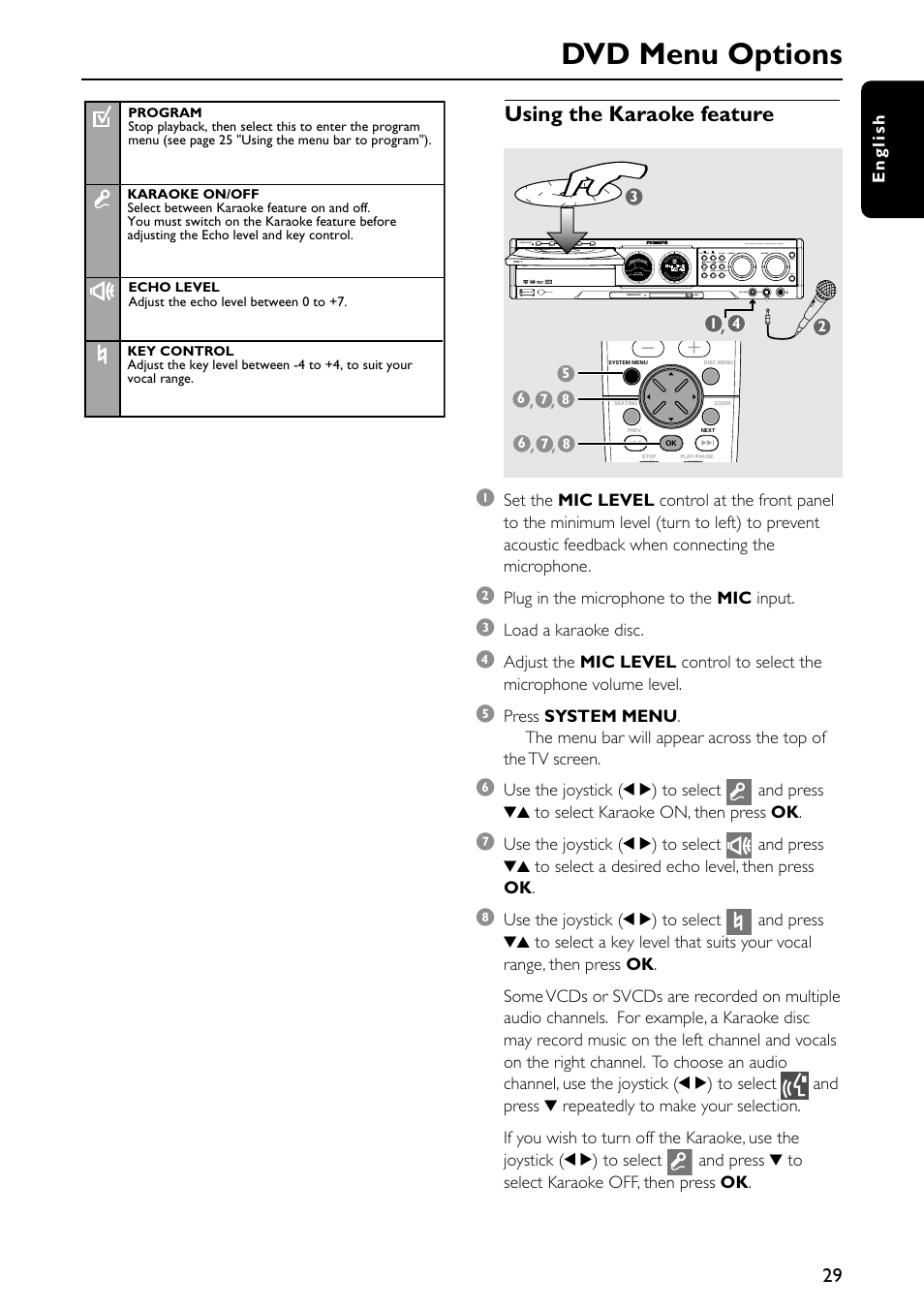 Dvd menu options, Using the karaoke feature | Philips MX5500D/21 User Manual | Page 29 / 45