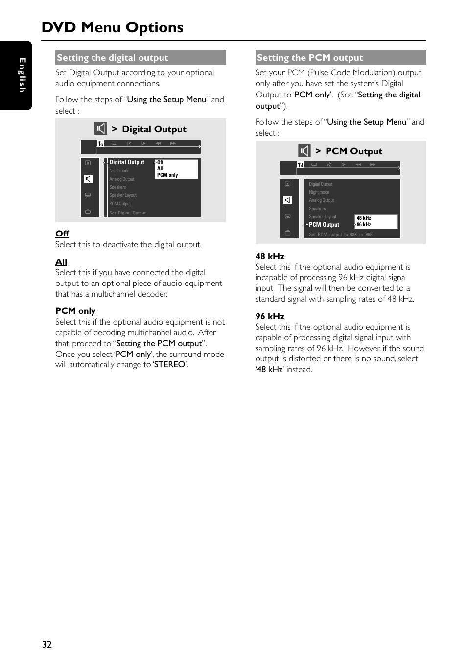 Dvd menu options, Setting the digital output, Digital output | Setting the pcm output, Pcm output, English | Philips MX5500D/21 User Manual | Page 32 / 45