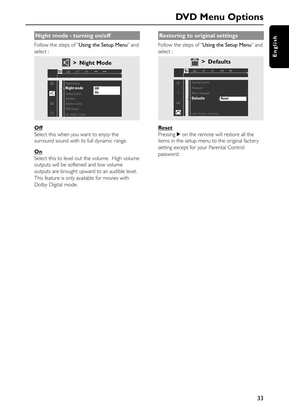 Dvd menu options, Night mode - turning on/off, Night mode | Restoring to original settings, Defaults, English | Philips MX5500D/21 User Manual | Page 33 / 45
