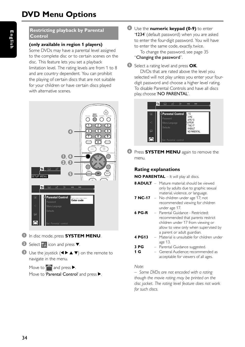 Dvd menu options, Restricting playback by parental control, Rating explanations | English, Select icon and press 4, Press system menu again to remove the menu | Philips MX5500D/21 User Manual | Page 34 / 45