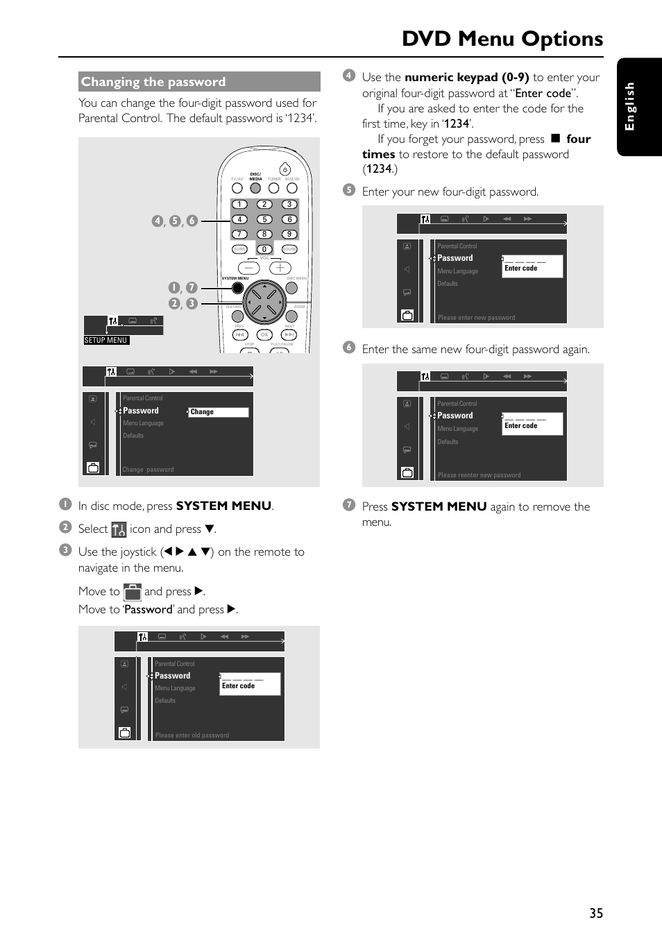 Dvd menu options, Changing the password, English | Select icon and press 4, Enter your new four-digit password, Enter the same new four-digit password again, Press system menu again to remove the menu | Philips MX5500D/21 User Manual | Page 35 / 45