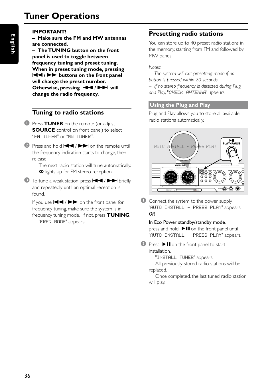 Tuner operations, Tuning to radio stations 1, Presetting radio stations | Using the plug and play | Philips MX5500D/21 User Manual | Page 36 / 45