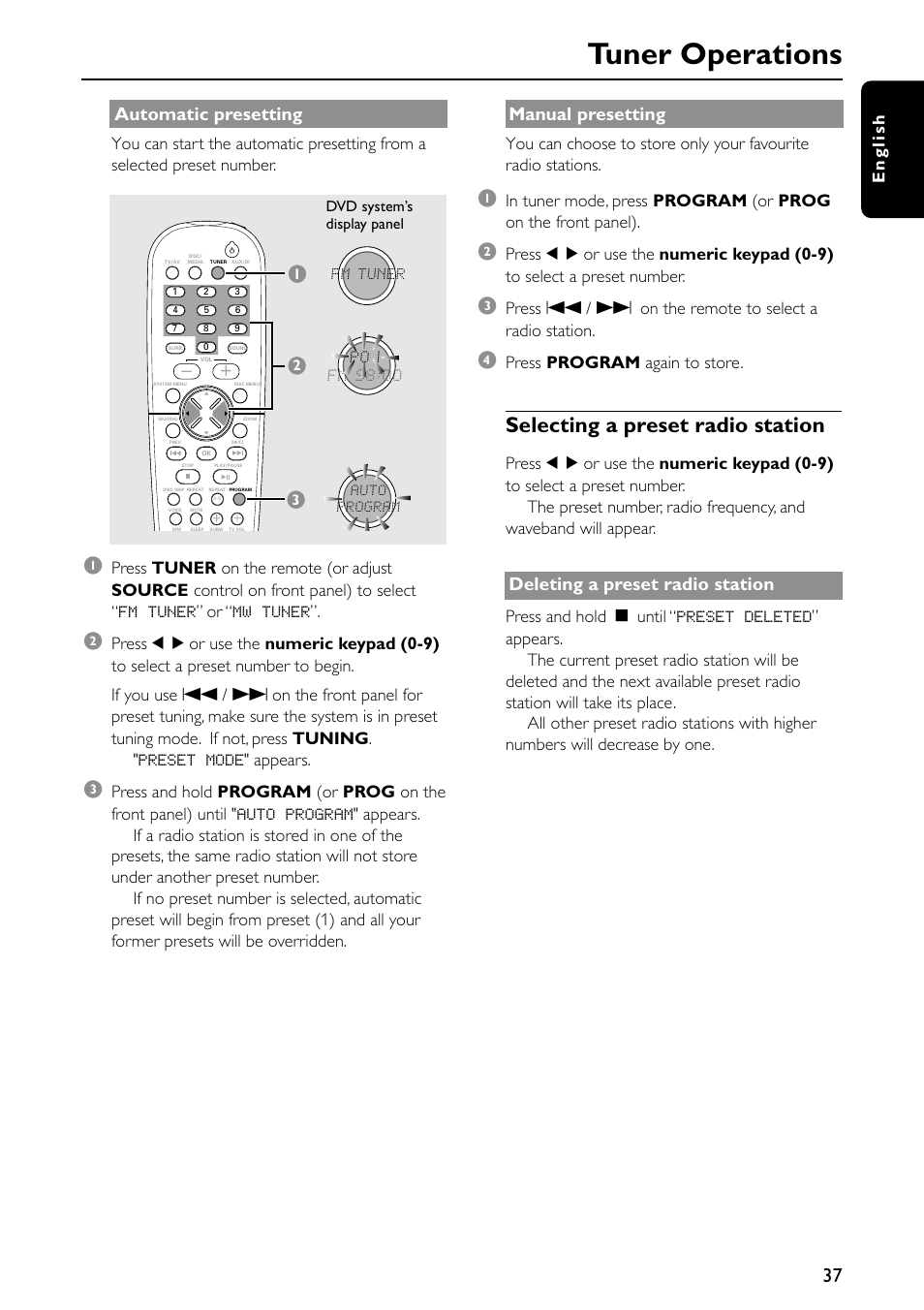 Tuner operations, Selecting a preset radio station, Automatic presetting | Manual presetting, Deleting a preset radio station, English, Press program again to store | Philips MX5500D/21 User Manual | Page 37 / 45