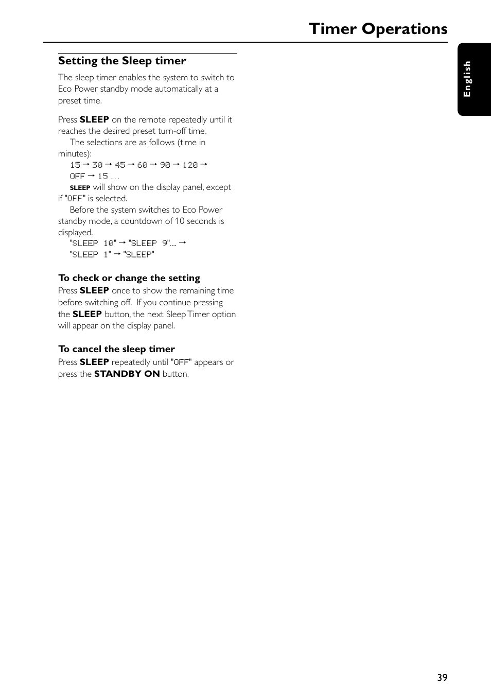 Timer operations, Setting the sleep timer | Philips MX5500D/21 User Manual | Page 39 / 45