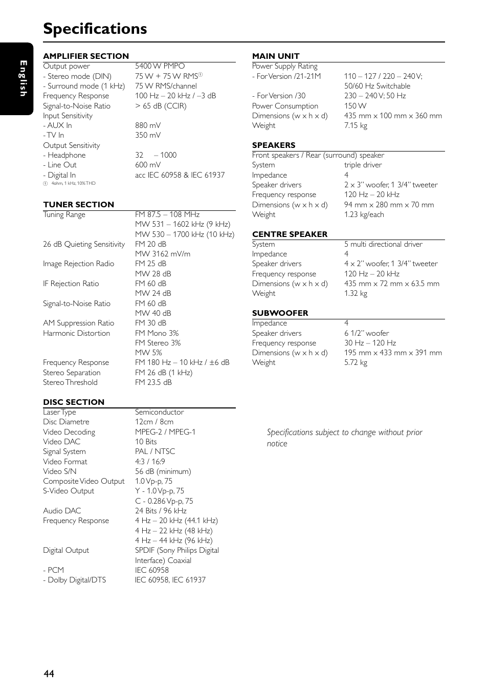 Specifications | Philips MX5500D/21 User Manual | Page 44 / 45