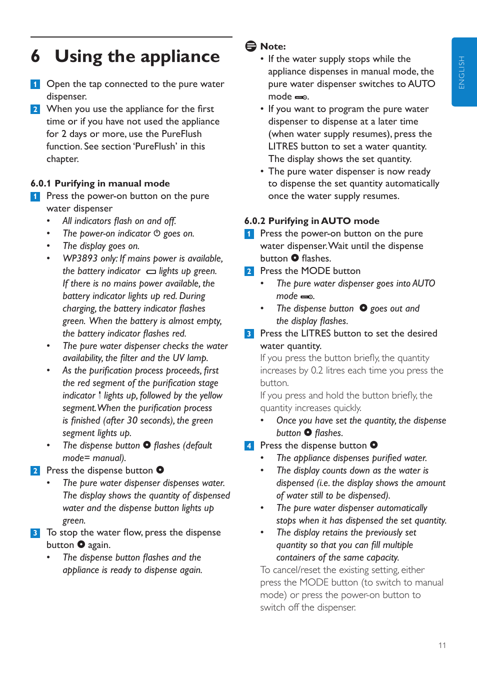 2 audio on/off, 1 cleaning the pure water dispenser, 2 cleaning the macro filter | 3 cleaning the quartz tube, 7 cleaning and maintenance, 6 using the appliance | Philips WP3892 User Manual | Page 11 / 64