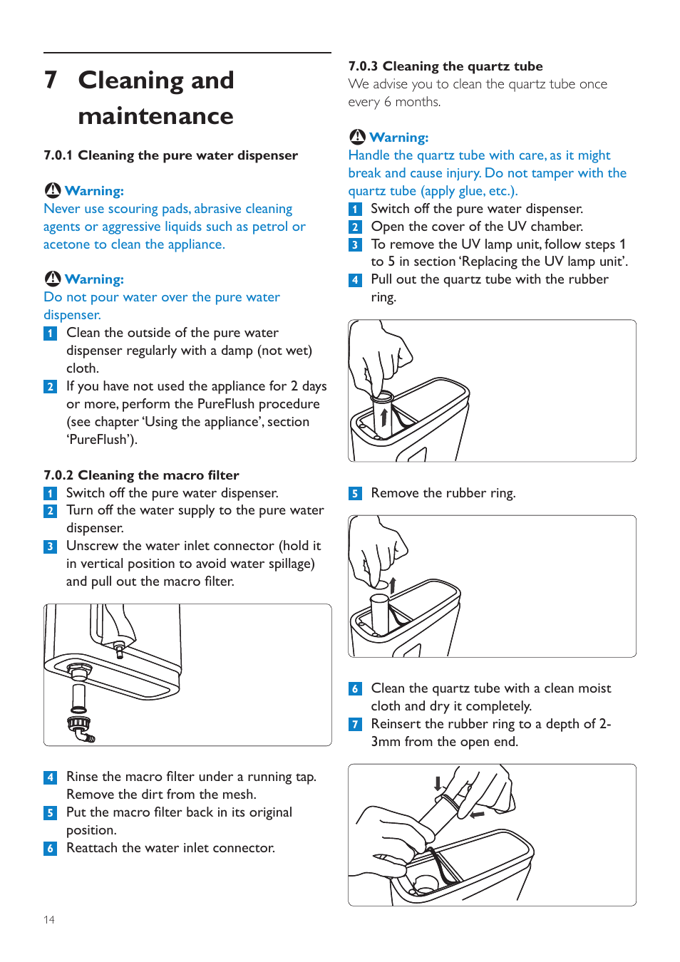 6 replacing the uv lamp unit, 7 replacement items, 8 disposal | 7 cleaning and maintenance | Philips WP3892 User Manual | Page 14 / 64