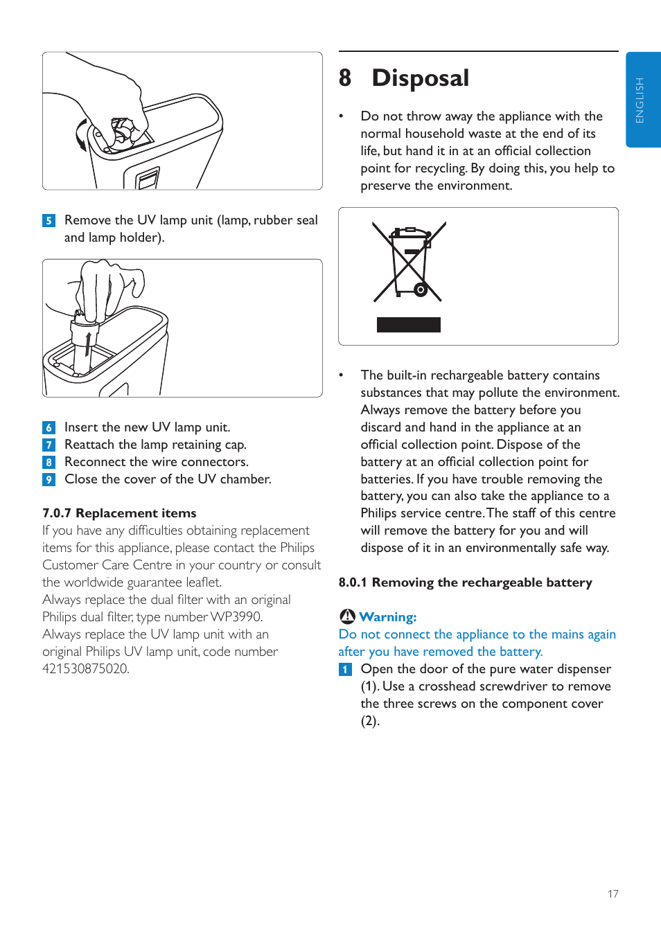 8 disposal | Philips WP3892 User Manual | Page 17 / 64