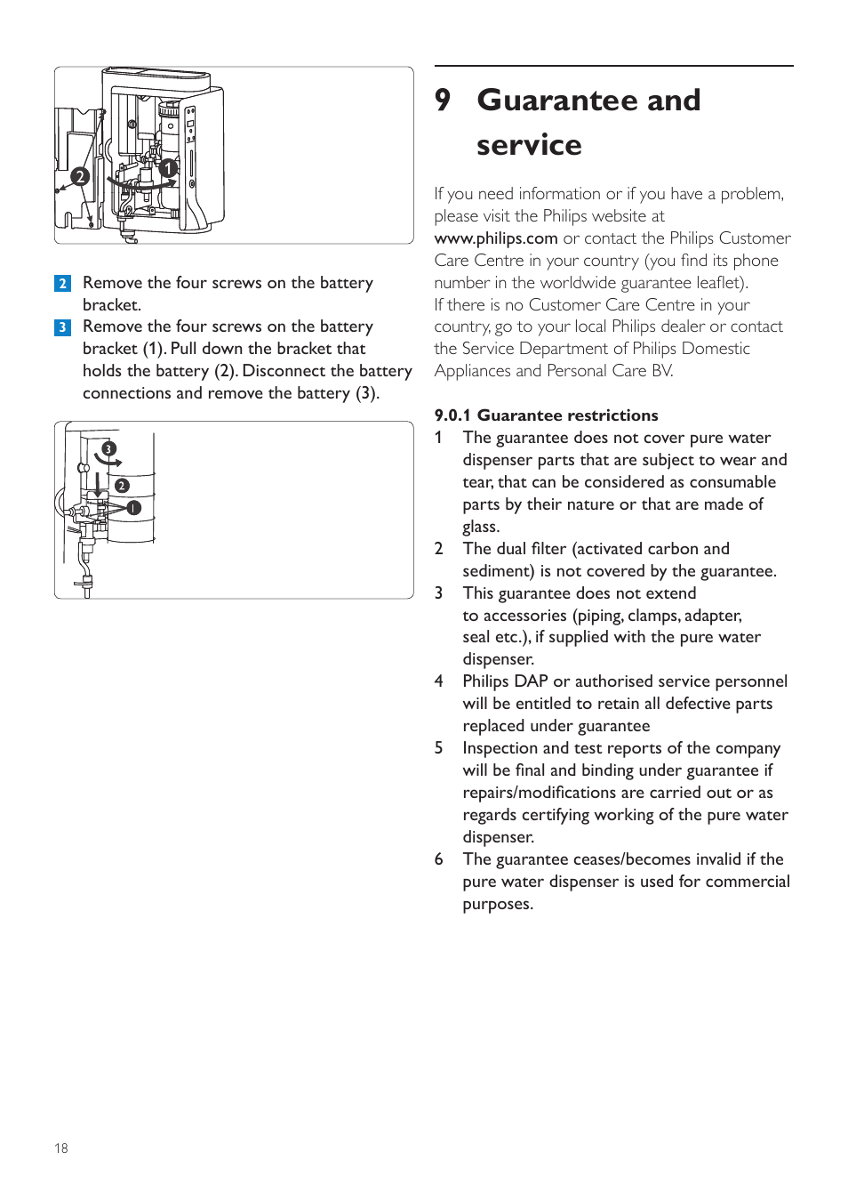 9 guarantee and service | Philips WP3892 User Manual | Page 18 / 64