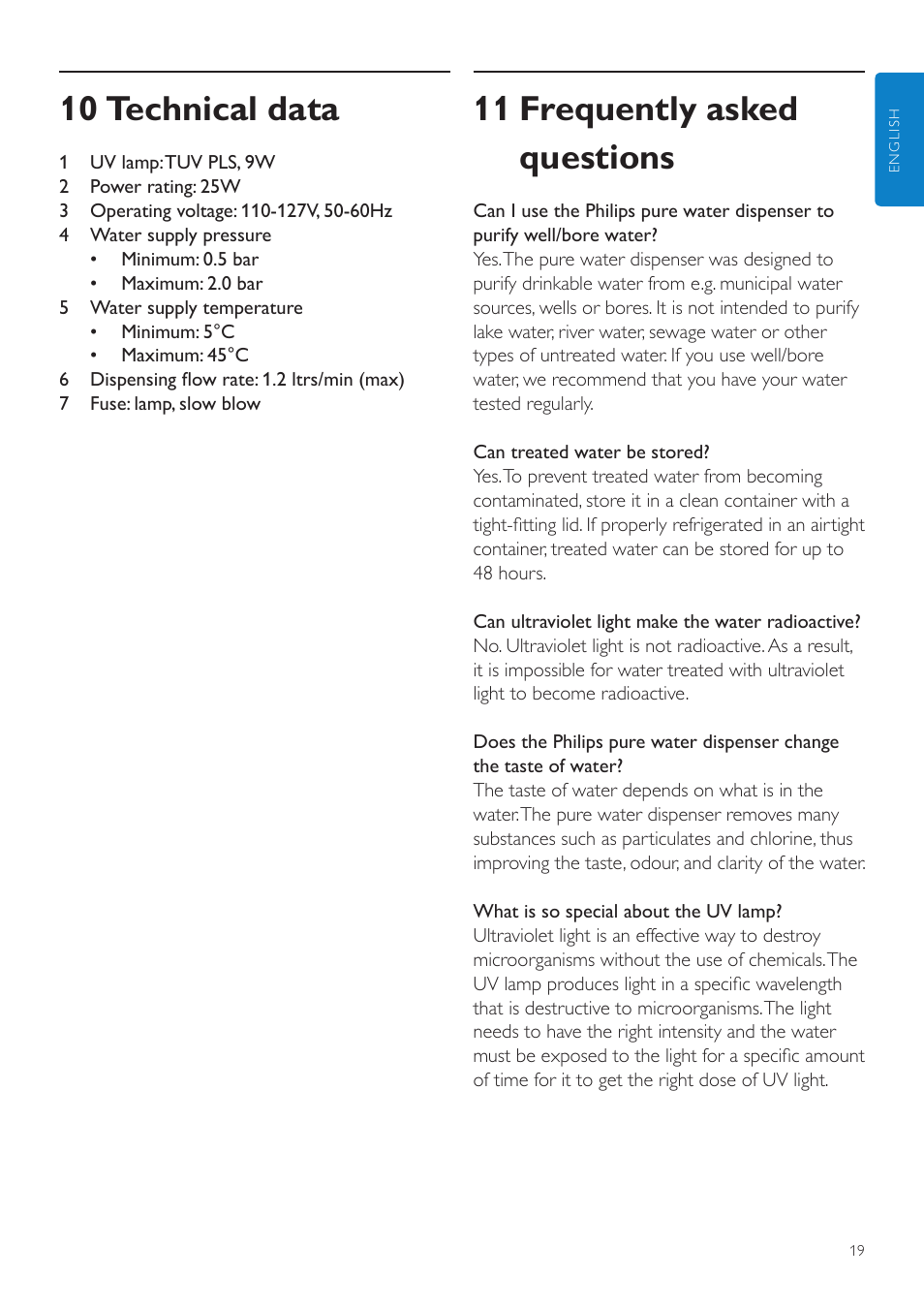 10 technical data, 11 frequently asked questions | Philips WP3892 User Manual | Page 19 / 64