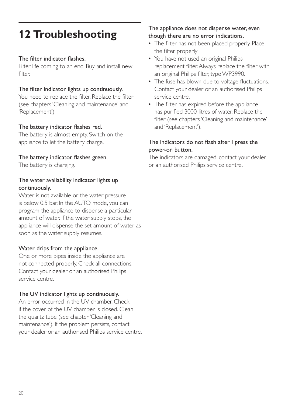12 troubleshooting | Philips WP3892 User Manual | Page 20 / 64