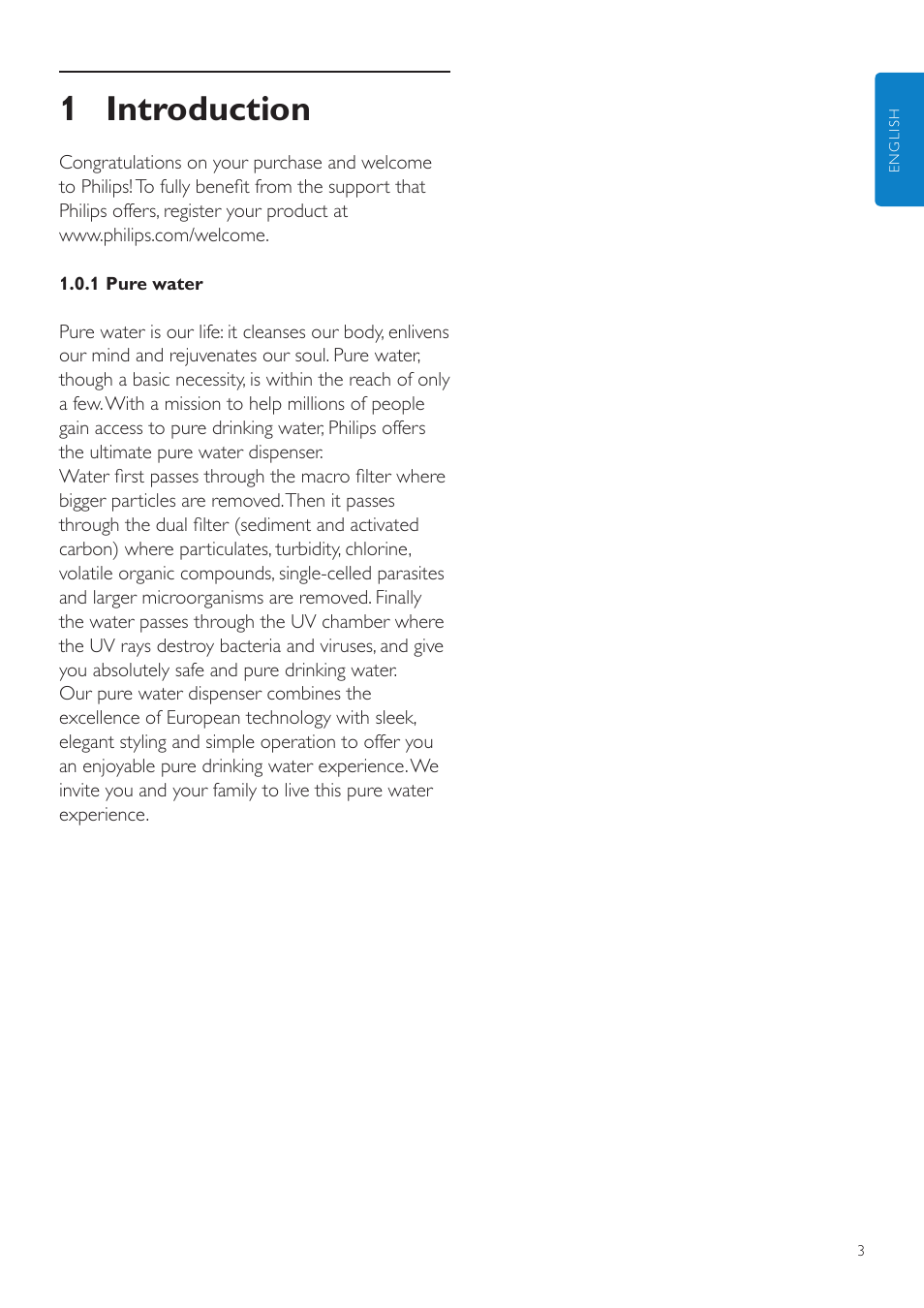 English, 1 introduction, 1 pure water | 2 general description, 3 important, 1 danger, 2 warning, 3 caution | Philips WP3892 User Manual | Page 3 / 64