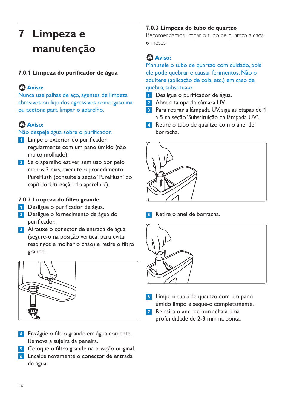 5 confirmação da substituição do filtro, 6 substituição da lâmpada uv, 7 limpeza e manutenção | Philips WP3892 User Manual | Page 34 / 64