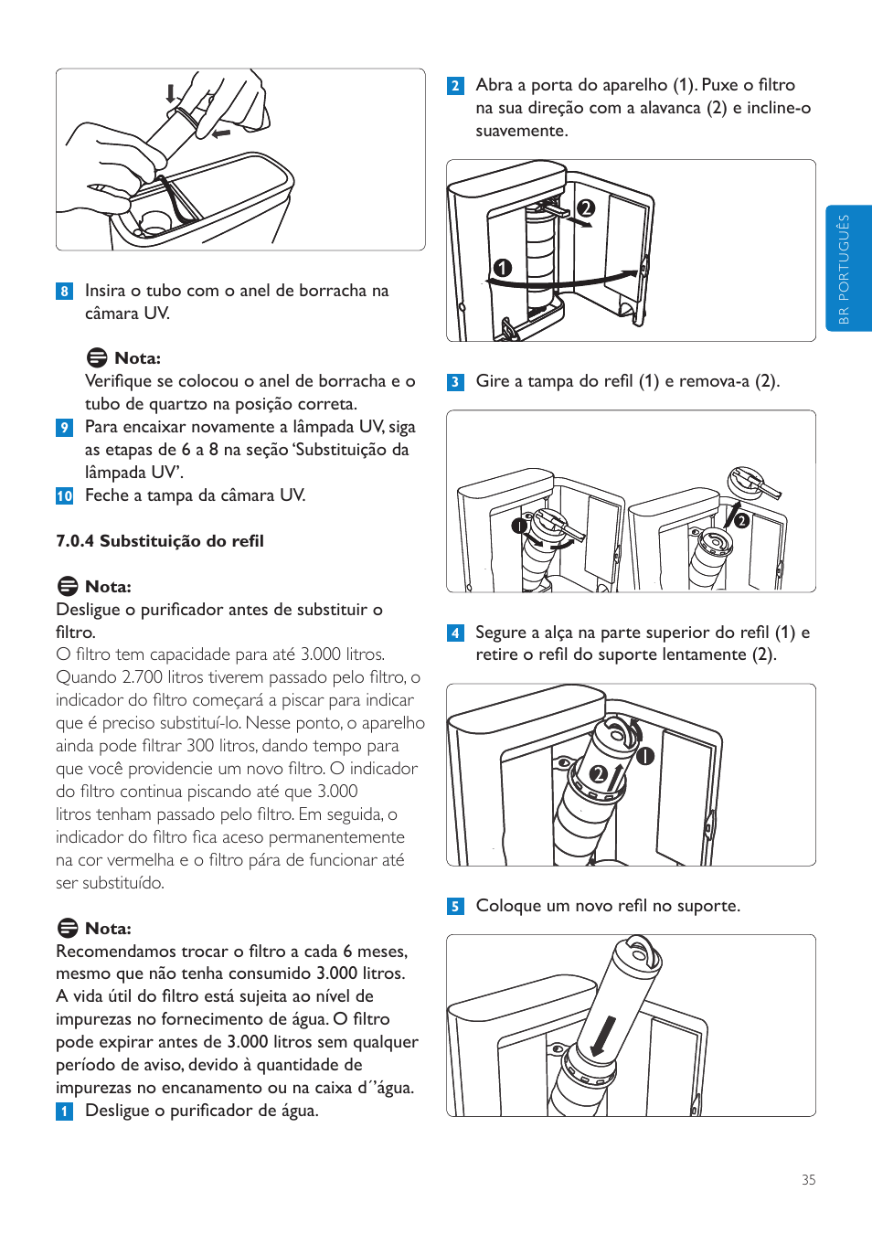 7 itens de reposição, 1 remoção da bateria recarregável, 8 descarte | 9 garantia e assistência técnica | Philips WP3892 User Manual | Page 35 / 64