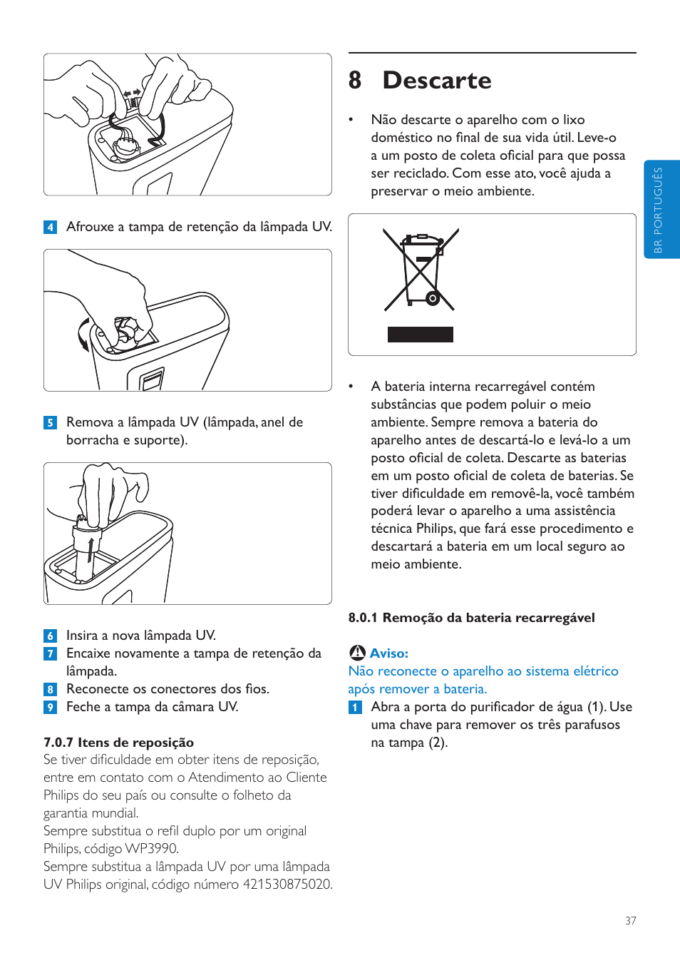 12 resolução de problemas, 8 descarte | Philips WP3892 User Manual | Page 37 / 64