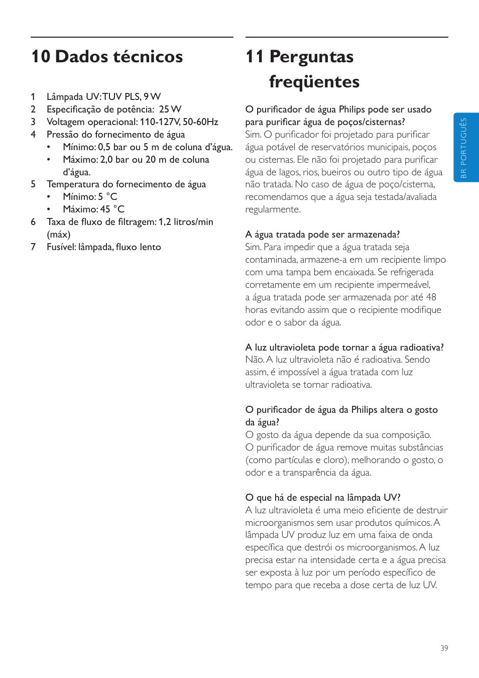 10 dados técnicos, 11 perguntas freqüentes | Philips WP3892 User Manual | Page 39 / 64