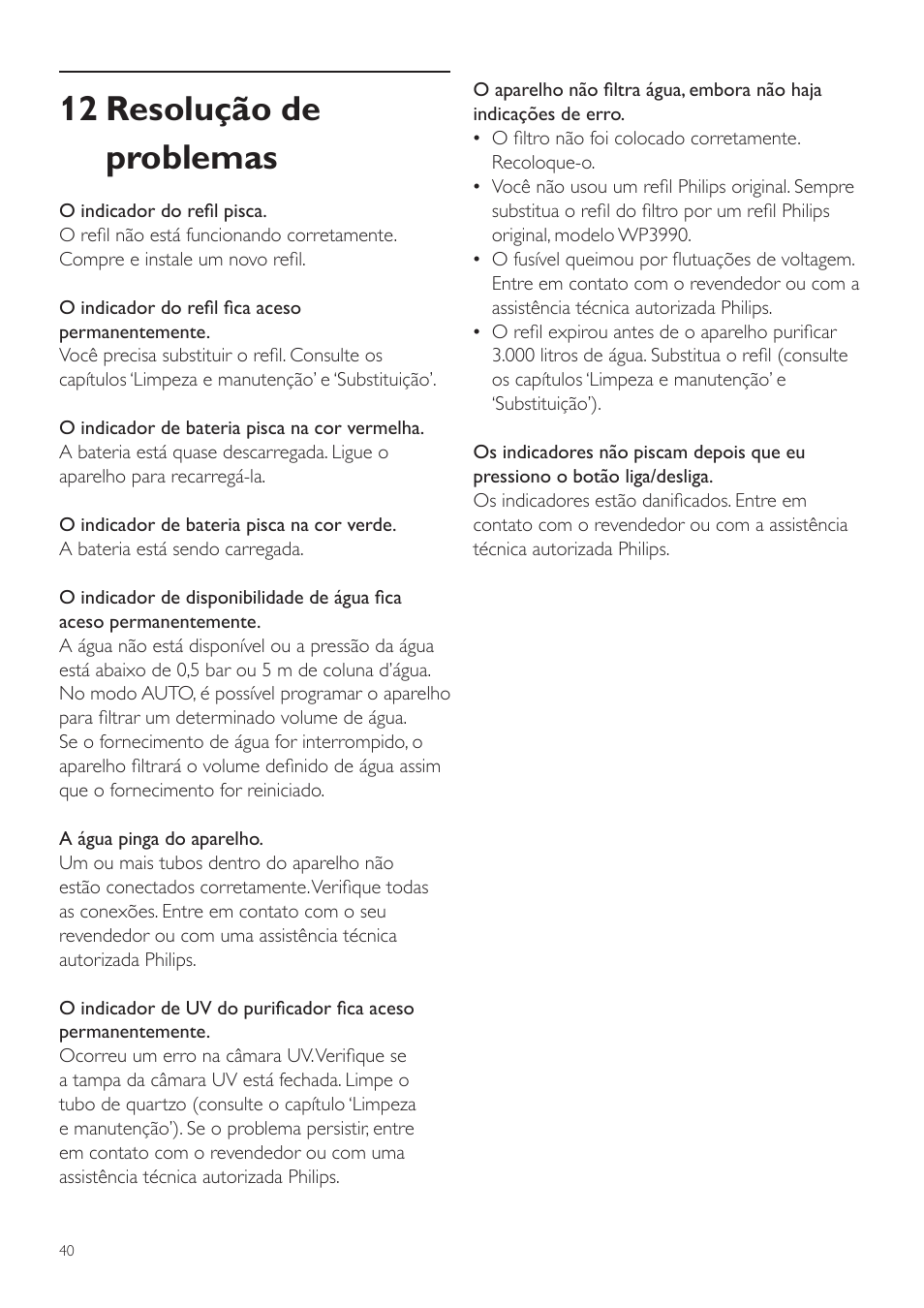 12 resolução de problemas | Philips WP3892 User Manual | Page 40 / 64